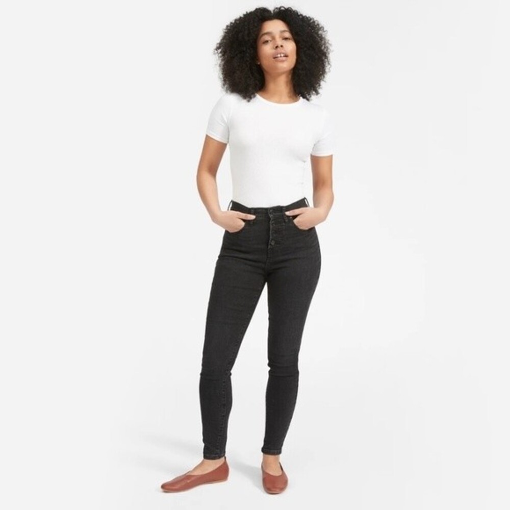 Everlane High Rise Ankle Button Fly Skinny Jean in Washed Black 25